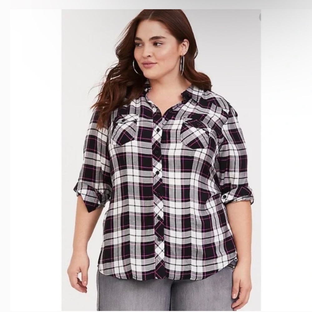 Torrid Taylor‎ Plaid Rayon Twill Camp Shirt Flannel Black White Pink 1X
